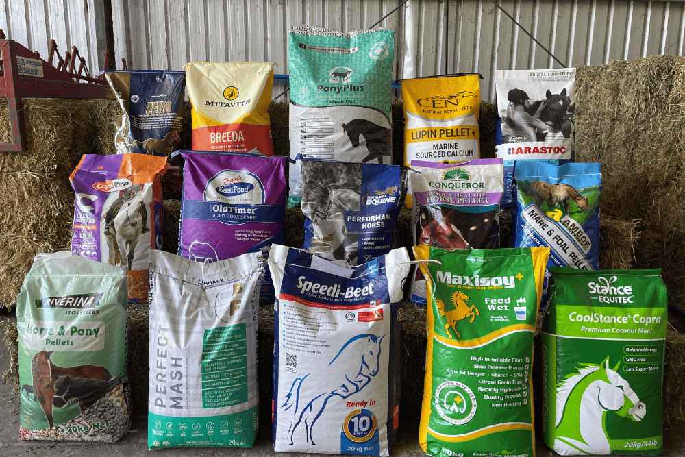 Equine food_ Bags of premium horse feed and food for horses, ponies, and other equine animals